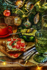 Sandwiches with cheese and tomatoes on a wooden background