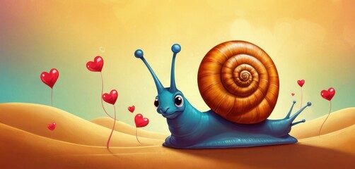  a painting of a snail in the middle of a desert, with hearts floating in the air and on top of it, on a yellow background of a blue sky with red hearts.