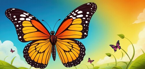  a painting of a butterfly flying in the sky over a lush green field with flowers and a blue sky with white clouds and a rainbow in the center of the sky.
