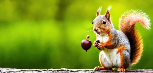  a squirrel eating an acorn on top of a tree branch in a forest with a blurry background of green grass and a tree trunk with a squirrel eating an acorn.