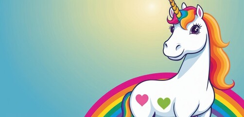  a white unicorn with a rainbow mane and hearts on it's tail standing in front of a green, blue, yellow, and pink, and purple background.