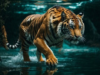 Double exposure of tiger in the jungle. Color of the year 2022. © cinemacinematic