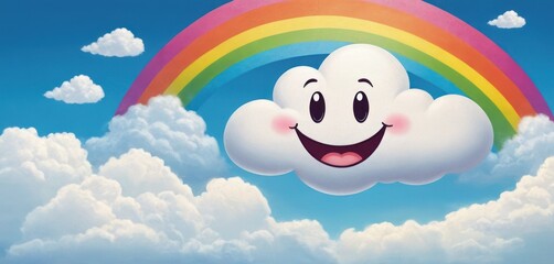  a rainbow and a cloud with a smiling face in the middle of a blue sky with white clouds and a rainbow in the middle of the sky with a smiling face.