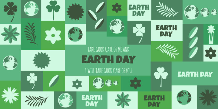 World Earth Day banner in trendy Geometric retro style. Green Geometrical Earth Day horizontal poster. Vector illustration can used web banner. EPS 10