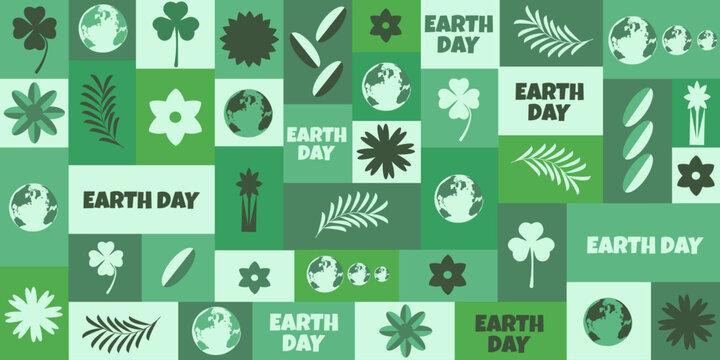 World Earth Day banner in trendy Geometric retro style. Green Geometrical Earth Day horizontal poster. Vector illustration can used web banner. EPS 10