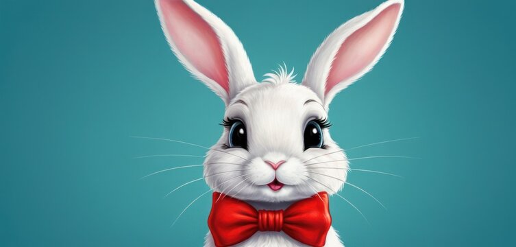  a painting of a white rabbit wearing a red bow tie and looking at the camera while wearing a red collared shirt and a red bow tie, on a blue background.