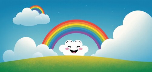  a rainbow in the sky with a smiling cloud in the foreground and a smiling cloud in the middle of the sky with a rainbow in the middle of the clouds.