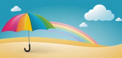 Fototapeta na wymiar a rainbow colored umbrella sitting on top of a sandy beach under a blue sky with a rainbow - colored rainbow in the middle of the sky and a blue sky with white clouds.