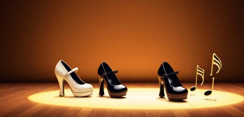  a group of women's high heeled shoes sitting on top of a hard wood floor next to a musical note and a trecquet on a wooden floor. - obrazy, fototapety, plakaty