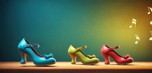  a row of colorful high heeled shoes with musical notes coming out of the top of the heels, on a wooden surface, against a green and blue background. - obrazy, fototapety, plakaty