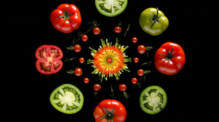 Tomato pictures in style of kaleidoscope art on black background. Elegant and mesmerizing art of red vegetables. Elegant Kaleidoscope Tomato Art.