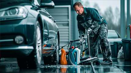 a man in protective clothing washes a car at a car wash