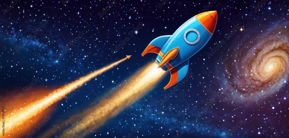Wall mural a painting of a rocket taking off into the sky with a spiral galaxy in the background and a spiral g