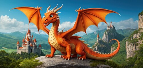  a dragon sitting on top of a rock in front of a castle with a castle in the back ground and a mountain in the back ground with a castle in the background.