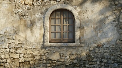 Fototapeta na wymiar a window on the side of a stone building with a window pane on the side of a stone building with a window pane on the side of a stone wall.