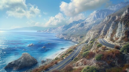  an artist's rendering of a scenic coastline with a road running along the side of a cliff and a body of water on the other side of the road.