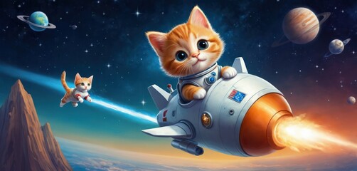  a painting of a cat in a space suit riding on top of a rocket next to a cat on top of a cat on top of a rocket with planets in the background. - obrazy, fototapety, plakaty