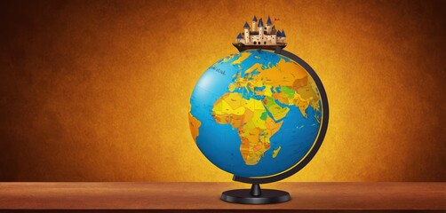  a blue and yellow globe with a castle on top of it on a wooden table in front of a brown background with a brown wall and yellow wall in the background.