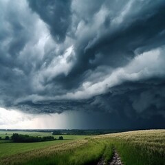 Naklejka na ściany i meble Stormy weather over the countryside fields Dark, ominous rain clouds and lightning