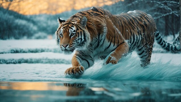 Siberian Tiger running in winter forest. Panthera tigris altaica