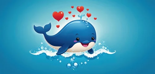 Fotobehang  a blue whale floating on top of a wave with hearts floating on top of it's back and it's head sticking out of it's mouth. © Jevjenijs
