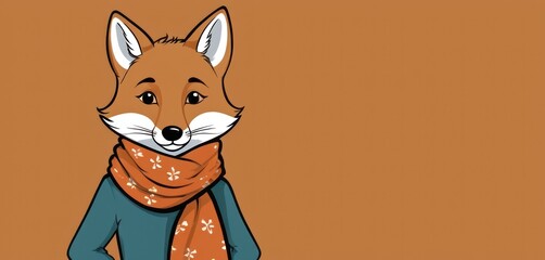  a drawing of a fox with a scarf around it's neck, standing in front of a brown background, with the words fox on it's chest.