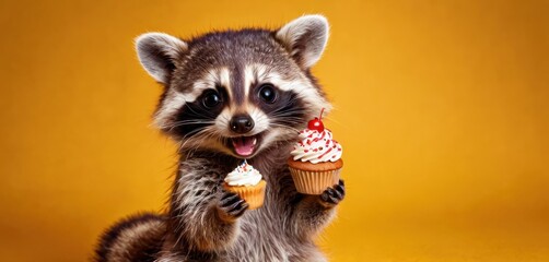  a raccoon holding a cupcake with a bite out of it's mouth and sticking it's tongue out while sitting on top of a yellow background.