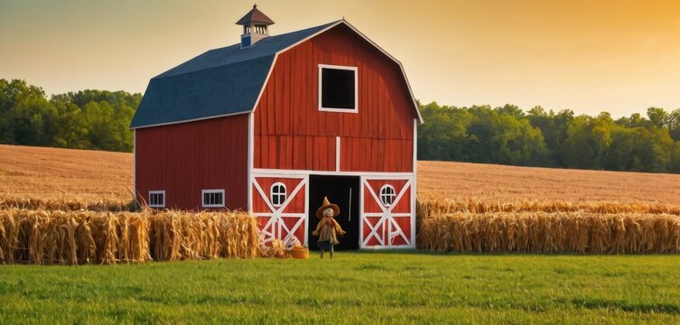  a red barn with a blue roof and a couple standing in a doorway in the middle of a field of hay with the sun shining on the horizon behind it.