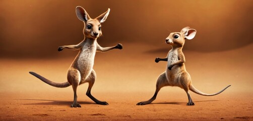 a couple of kangaroos standing next to each other on top of a sandy ground in front of a brown background with one jumping up and the other standing up.