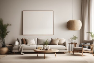 Bohemian interior home design of modern living room with beige sofa and rustic wooden table with beige stucco wall