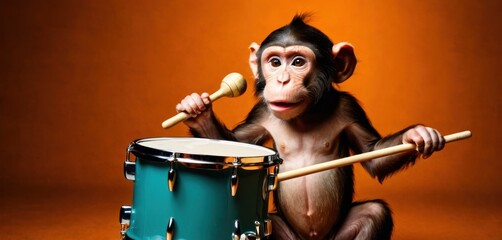  a monkey sitting on the ground with a drum and a mallet in his hand and a drum in his other hand and a drum in front of him, on an orange background.