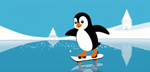  a cartoon penguin riding a skateboard on a snow covered surface in front of a snow - covered area with trees and a blue sky with white snowflakes.