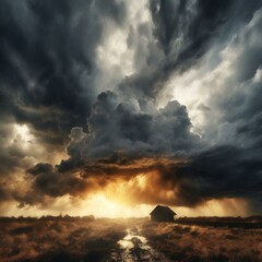 Stormy weather over the countryside fields