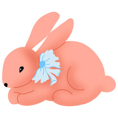 Pink Easter bunny with bow illustration, happy Easter 