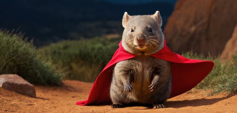  a rodent with a red cape on it's head sitting on a dirt ground with a mountain in the back ground and grass in the front of it.