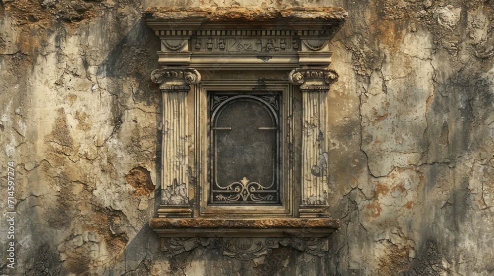 Aufkleber a close up of a window on a stone wall with a clock in the middle of the window and a clock in the m