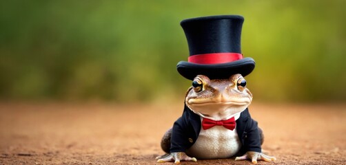  a small lizard wearing a top hat and a red bow tie sitting on the ground with a black jacket and a red bow tie on it's headband.