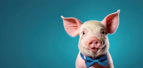 Fotobehang  a close up of a pig wearing a bow tie and looking at the camera with a serious look on his face, on a blue background with a blue background. © Jevjenijs