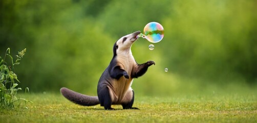  a brown and black animal playing with a soap bubble in a field of grass with trees in the backgroup and green foliage in the backgroud. - obrazy, fototapety, plakaty