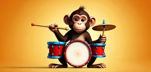 a monkey playing the drums with a drum stick in it's hand and a drum set in front of it's back, on an orange background with a yellow backdrop.