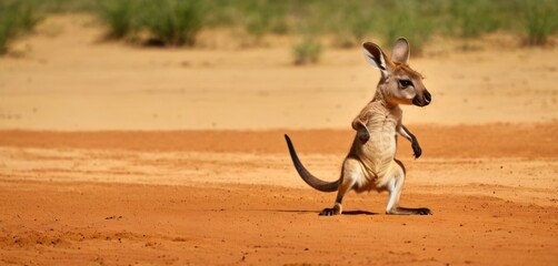  a small kangaroo standing on its hind legs on a dirt ground in front of a grassy area and dirt ground in the foreground, with grass and bushes in the background.