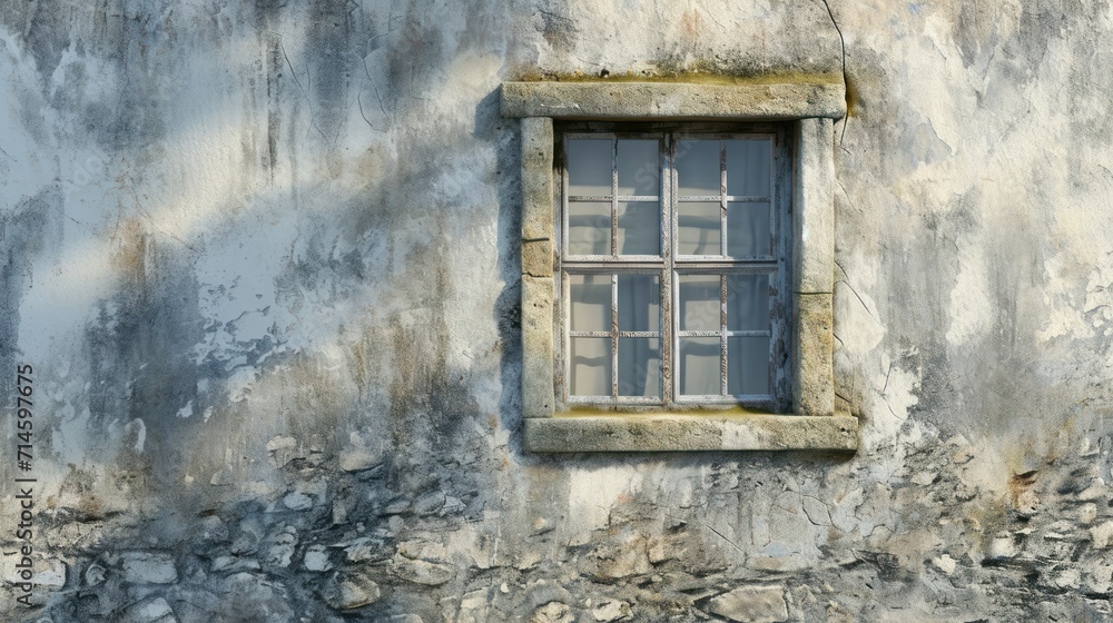 Poster a window on the side of a building with a stone wall and a shadow of a tree on the side of the build