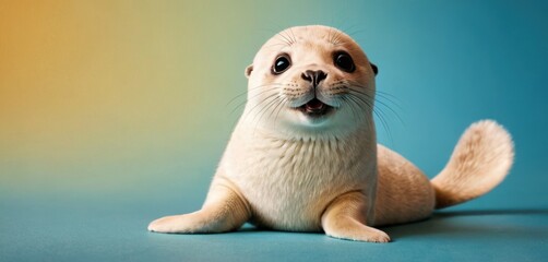  a close up of a stuffed animal seal on a blue background with a blurry background and the seal is looking at the camera with a wide open mouth and wide open mouth.
