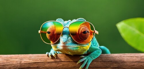  a close up of a lizard wearing a pair of sunglasses on top of a wooden branch with a green leaf behind it and a green back ground in the background.