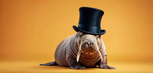  a hairless dog with a top hat on it's head and a stick in its mouth, sitting on a yellow background, with an orange wall in the foreground. - obrazy, fototapety, plakaty