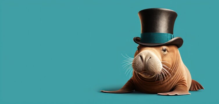  a seal wearing a top hat and a top hat on it's head is laying on a blue surface with a green background and a blue background is the image of a seal wearing a top hat.