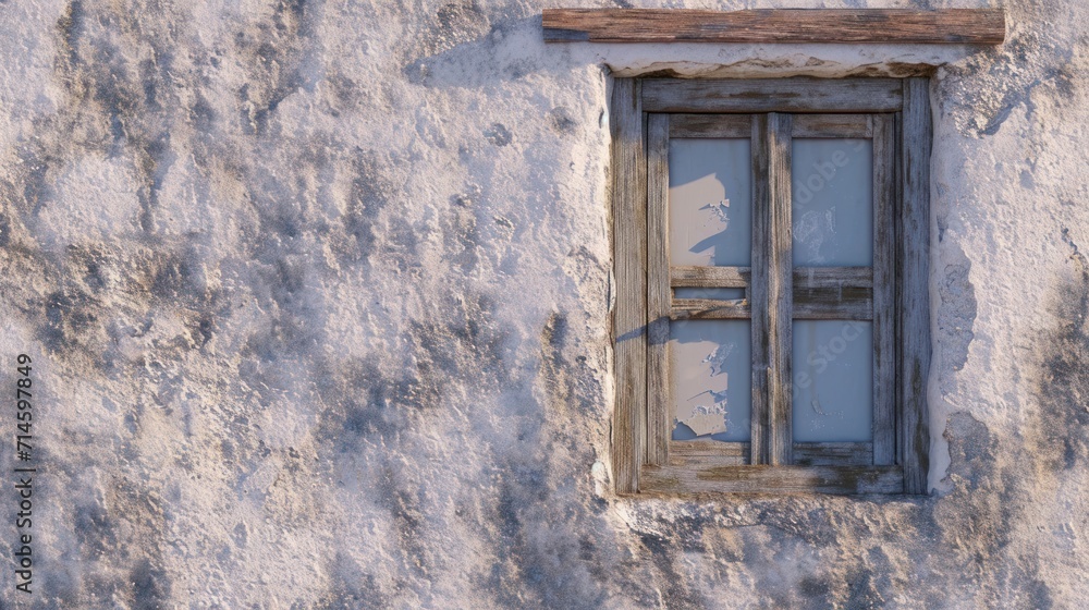 Poster a window on the side of a building with a wooden frame and window pane on the side of the building, 
