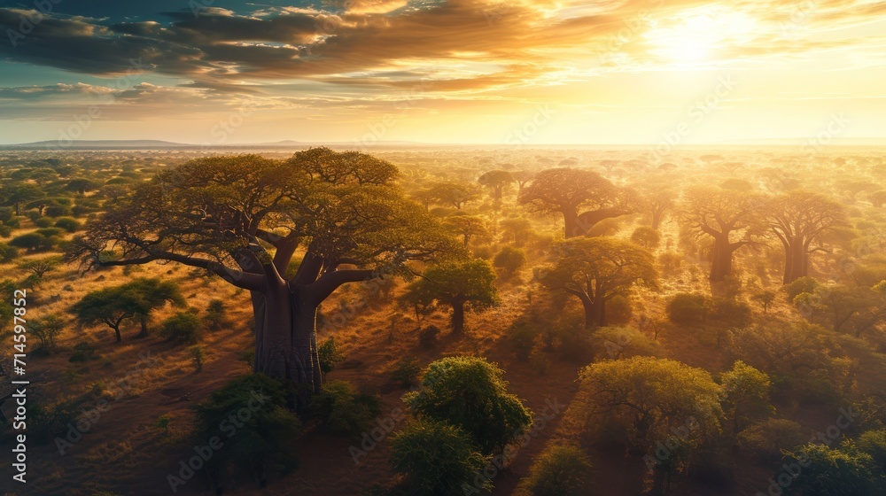 Poster an aerial view of a tree in the middle of a field with the sun shining through the clouds over the t