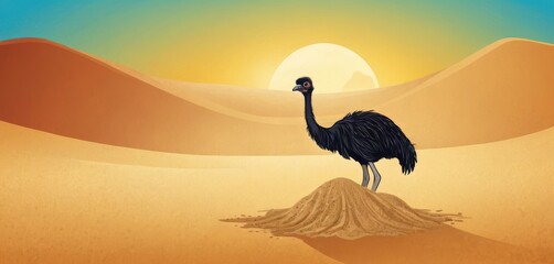  an illustration of an ostrich standing in the desert with the sun in the background and sand dunes in the foreground, with a blue sky and yellow sun in the background. - obrazy, fototapety, plakaty