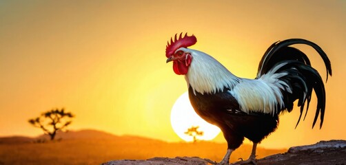  a rooster standing on a rock in front of a sunset with a tree in the foreground and a silhouette of a tree in the background with a yellow sky. - obrazy, fototapety, plakaty